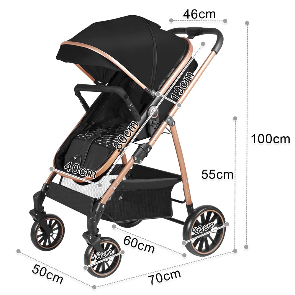 Poussette 3 en 1,Haute Vue Poussette Bebe Pliante,Voyage Pour Bébé 0 à 4ans | Panier de couchage panier 2 en 1, siège amovible, Auvent pliant