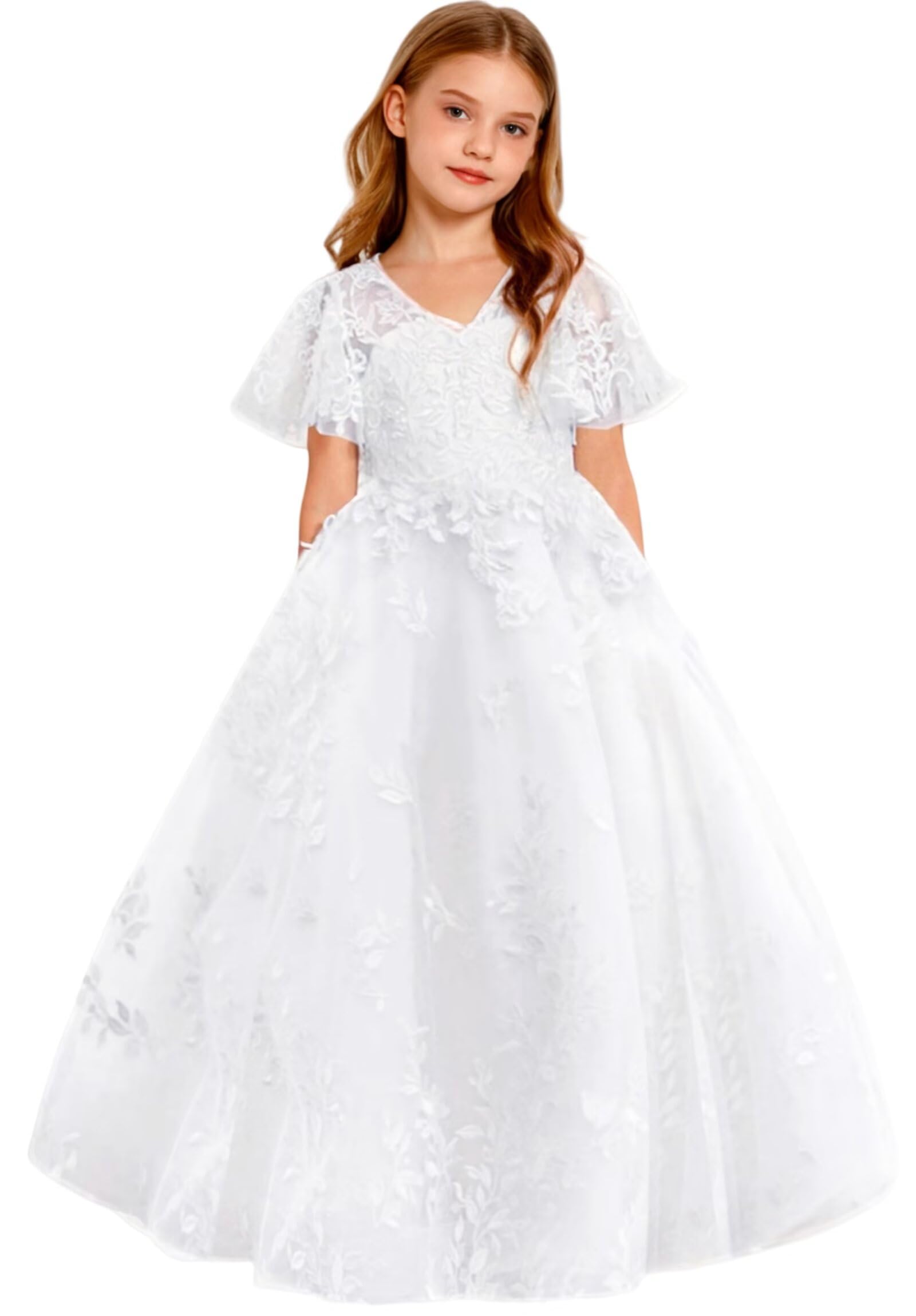 Lace First Communion Dress Ruffle Sleeves Flower Girl Dresses for Wedding Girls Pageant Ball Gown