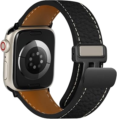 Leather Magnetic Watch Band Compatible with Apple Watch 46mm 45mm 44mm 42mm 41mm 40mm 38mm, Top Grain Designer Replacement Strap for Women Men iWatch Series 10/9/8/7/6/5/4/3/2/1/SE/Ultra 2