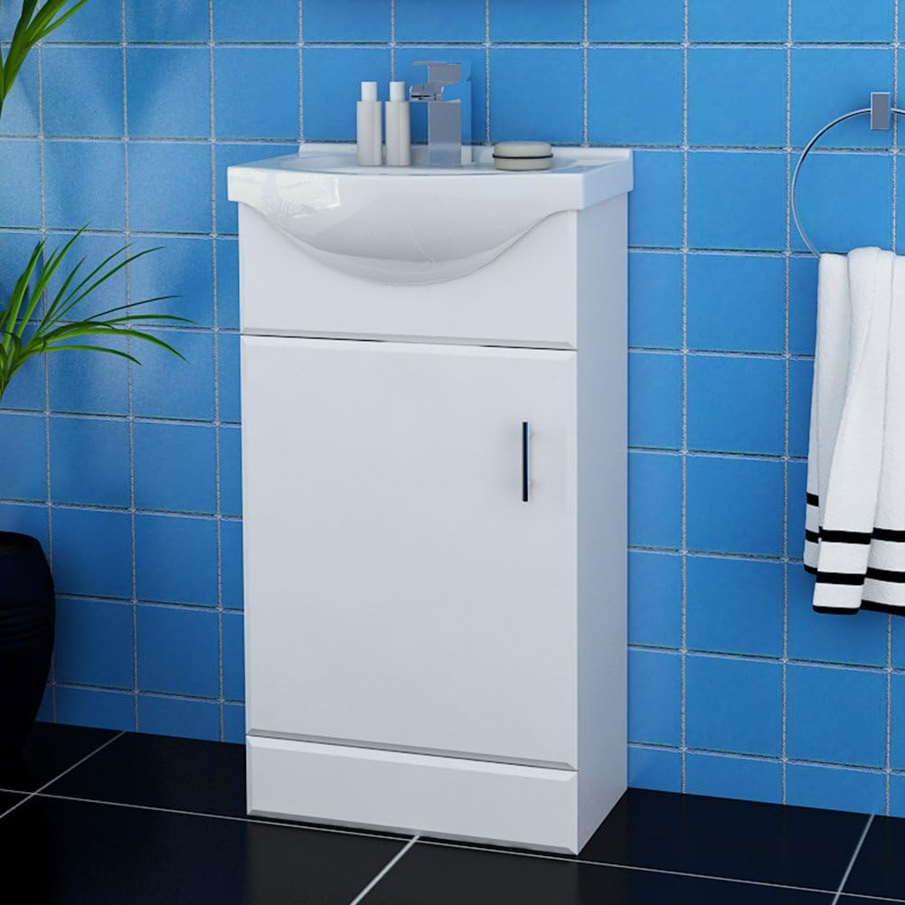 Sunny Compact Floor Bathroom Vanity Unit Basin Sink 450mm Cloakroom Storage Cabinet Ceramic Furniture - White Gloss