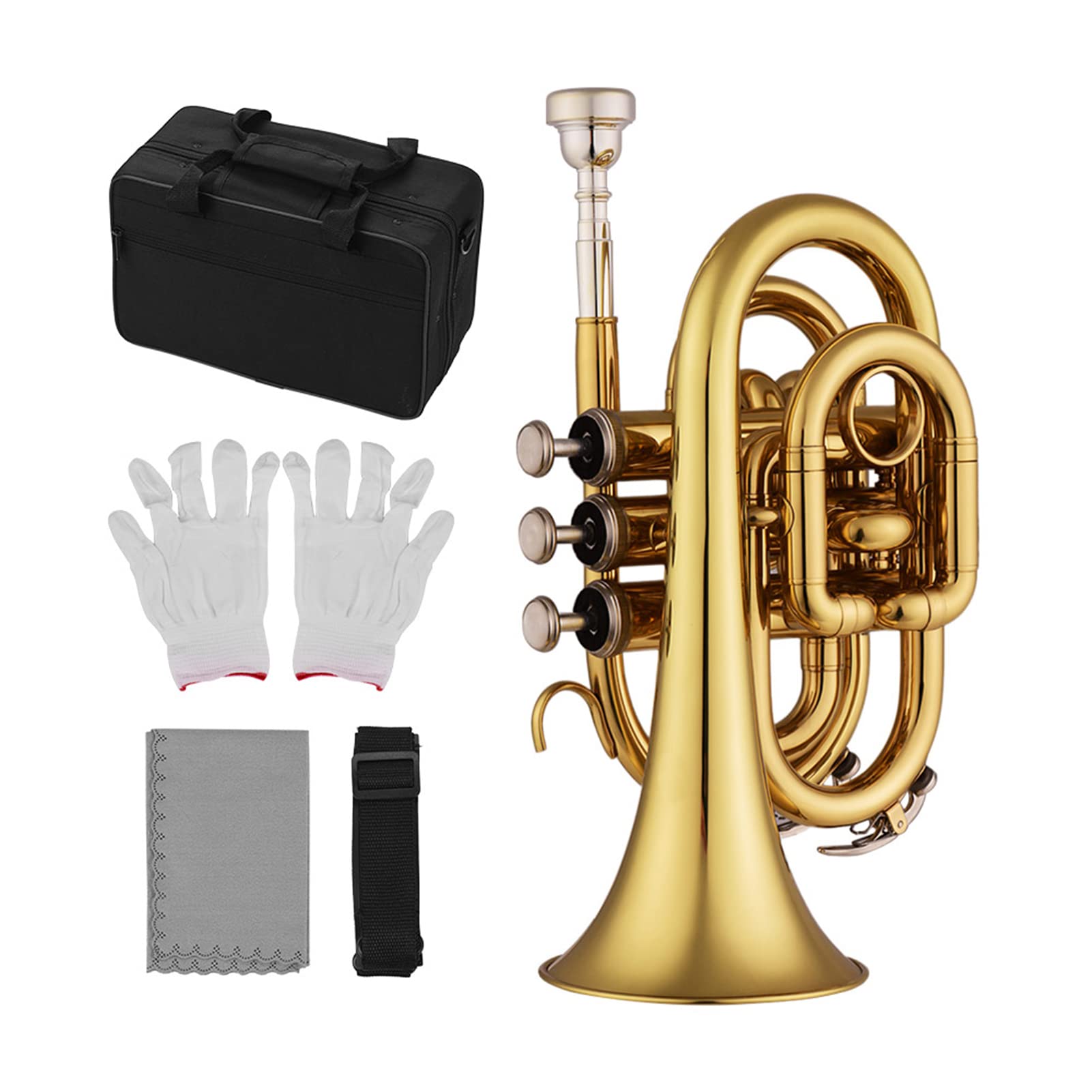 Mini trompette de poche Bb, Instrument à vent plat en laiton avec embout, gants, chiffon de nettoyage, étui de transport