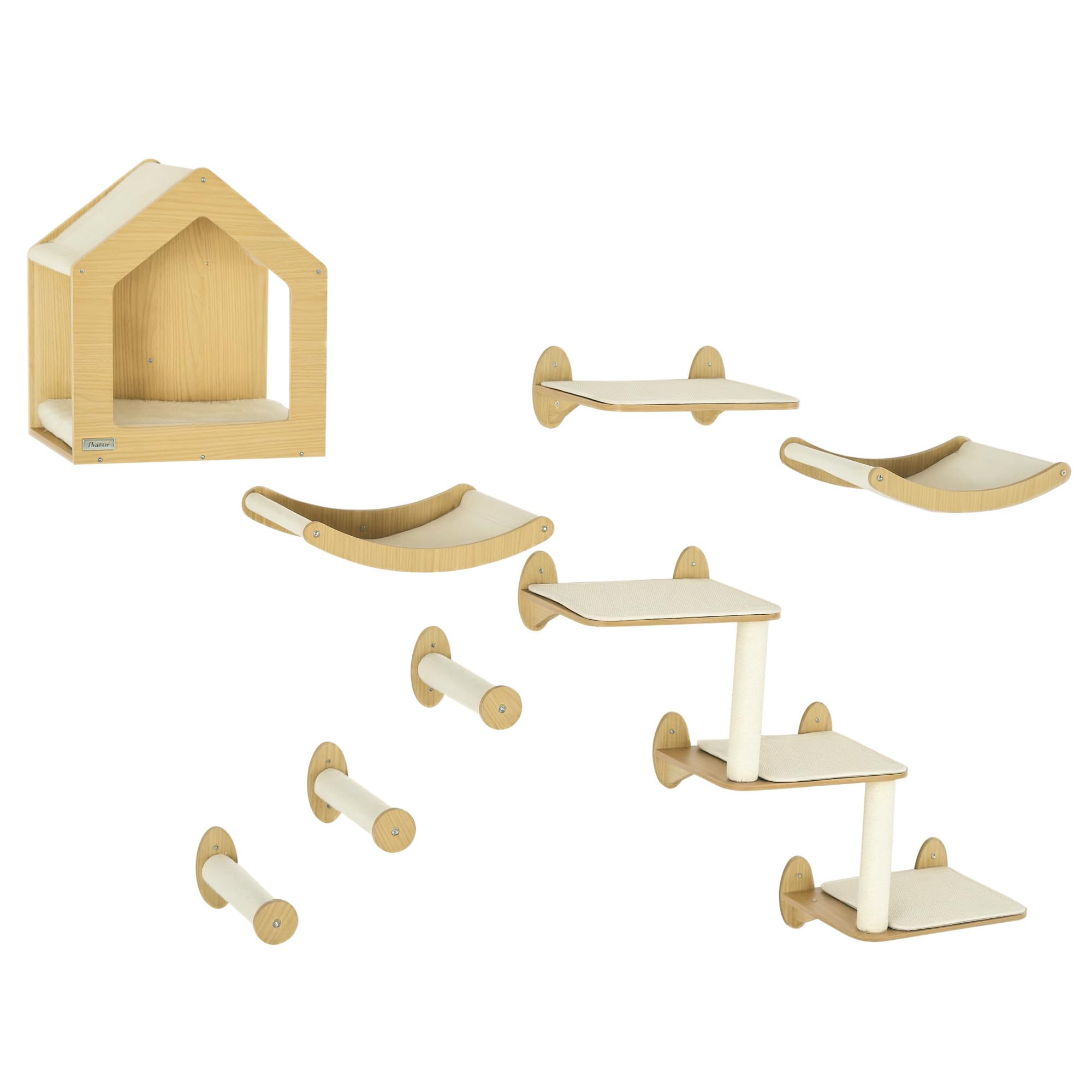 PawHut 8 Piece Cat Shelves Set, Cat Wall Furniture with Condo, 3 Perches, 3 Scratching Posts, Steps, Wall Mounted Kitty Tree for Indoor Kittens, Beige
