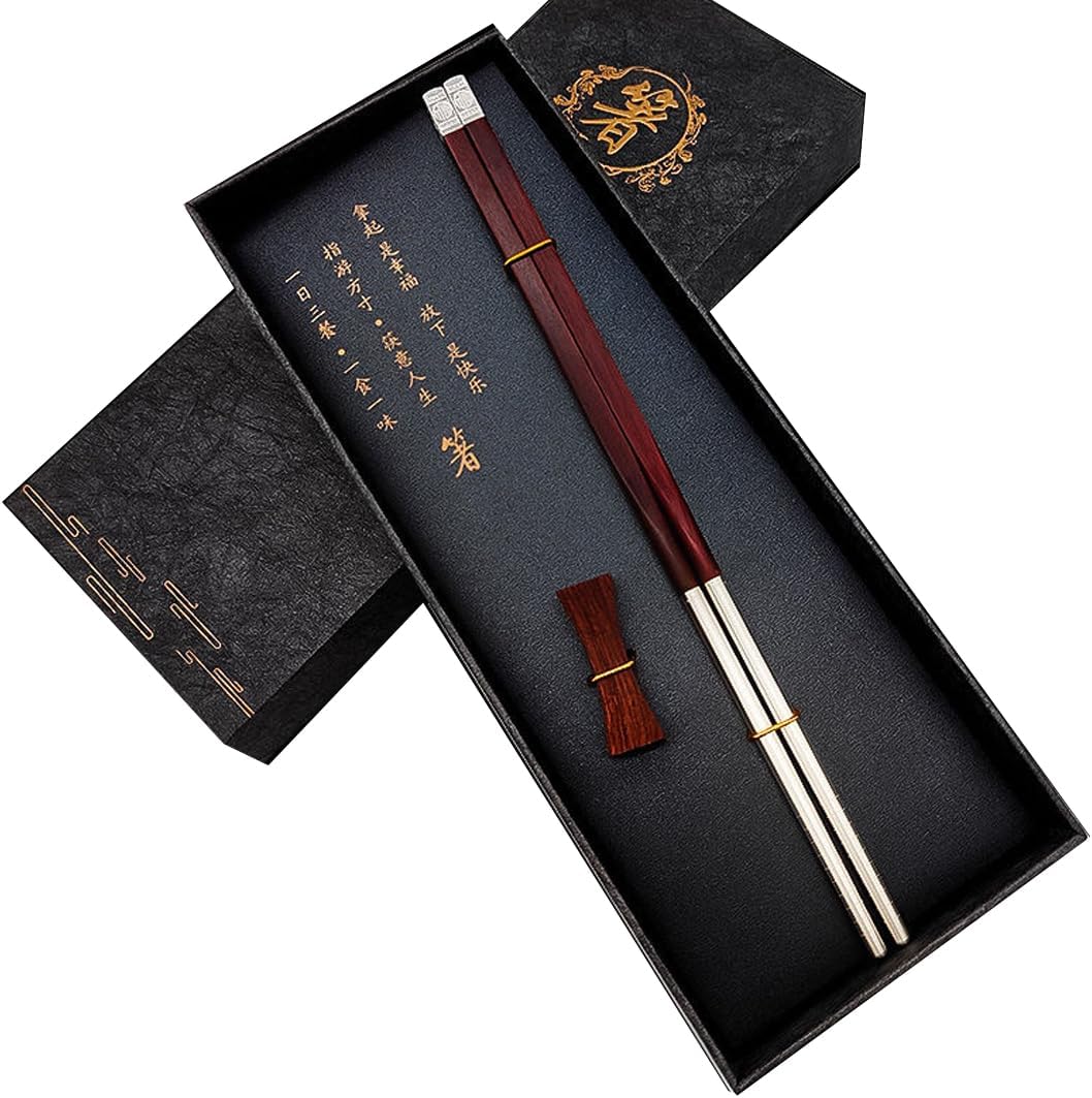 ZHOUXIAO Sterling Silver Wood Chopsticks and Chopstick Rest Set Gift Set Gift Box,Reusable Chinese Luxury Silver Chopsticks, High-Grade Non Slip Chinese Chopsticks B