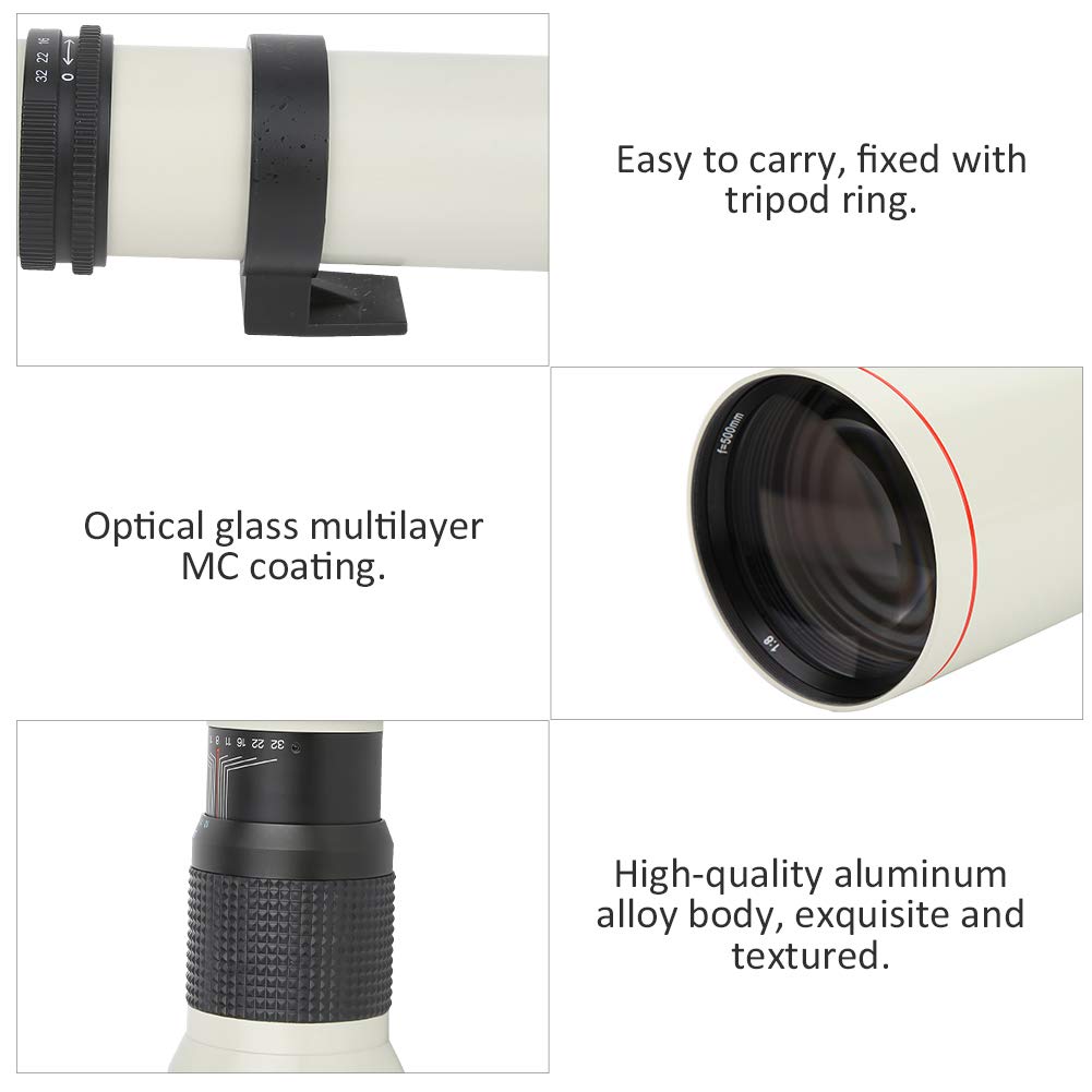 Sxhlseller Teleobiettivo con Focale Fissa da 500 Mm F8-F32 con Messa a Fuoco Manuale per Fotocamera EF-S per Riprese di Animali Selvatici, Paesaggi Naturali, Giochi Sportivi, ECC.