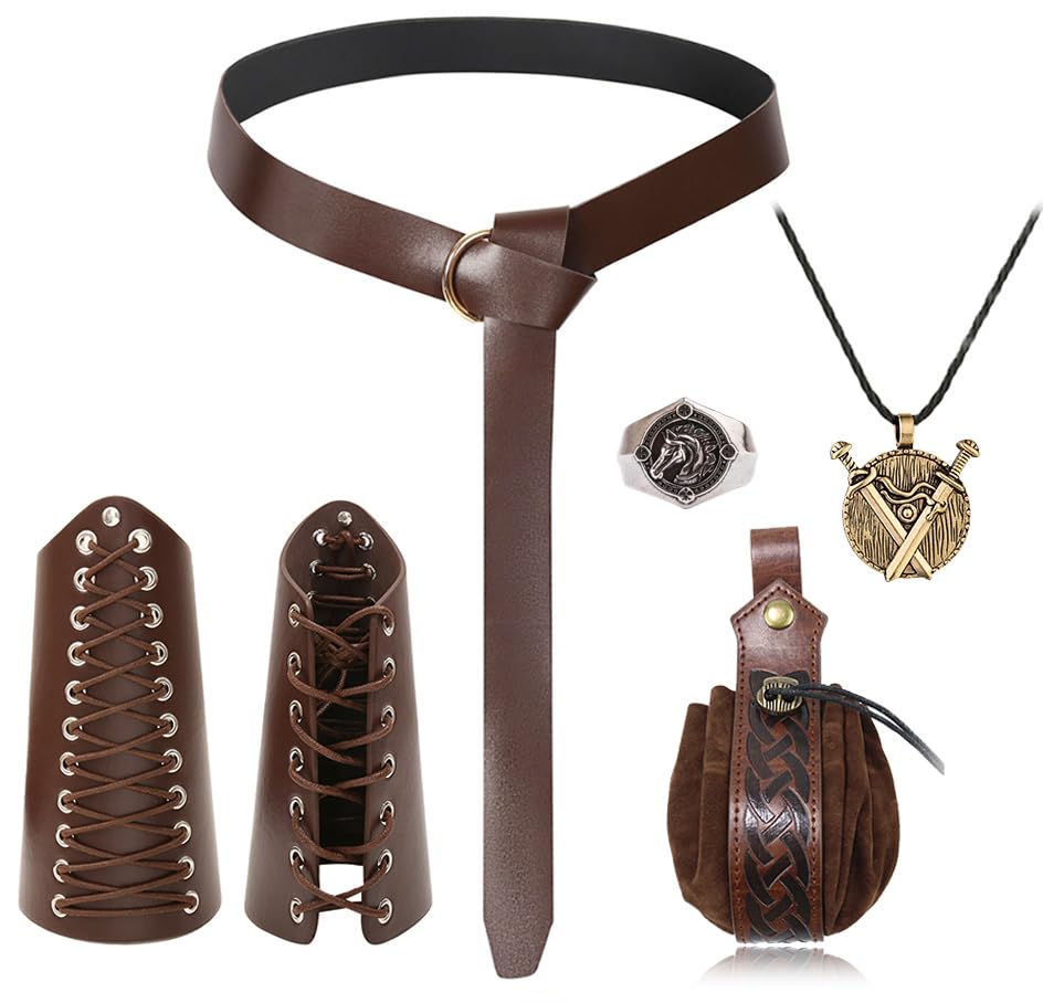 5 Piezas Traje Ropa Medieval Mujer Hombre Disfraz Medieval Vikinga Celta Brazales Medieval Cuero Cinturón Bolsa Collar Anillo Plata Halloween Accesorios Cosplay Piratas Brujas Caballeros Renacentistas