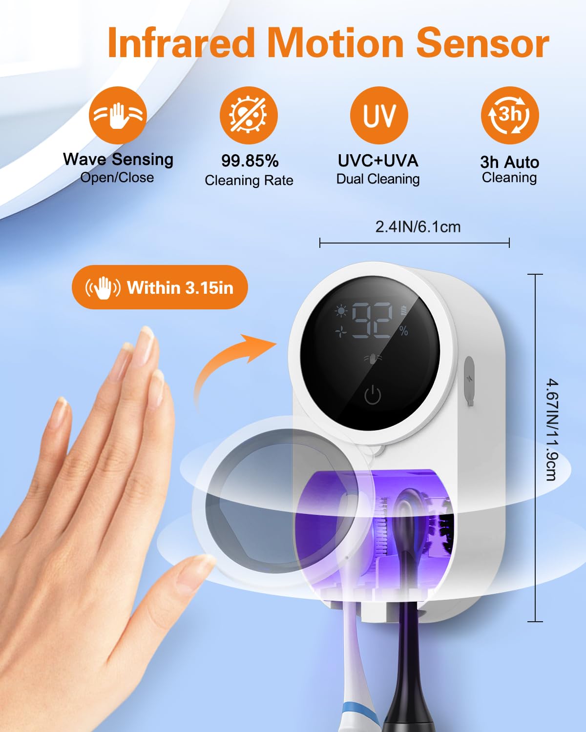 Soporte para cepillo de dientes UV, limpiador de cepillos de dientes eléctrico con pantalla LED, sensor automático infrarrojo, ventilación y secado automáticos, soportes para cepillos de