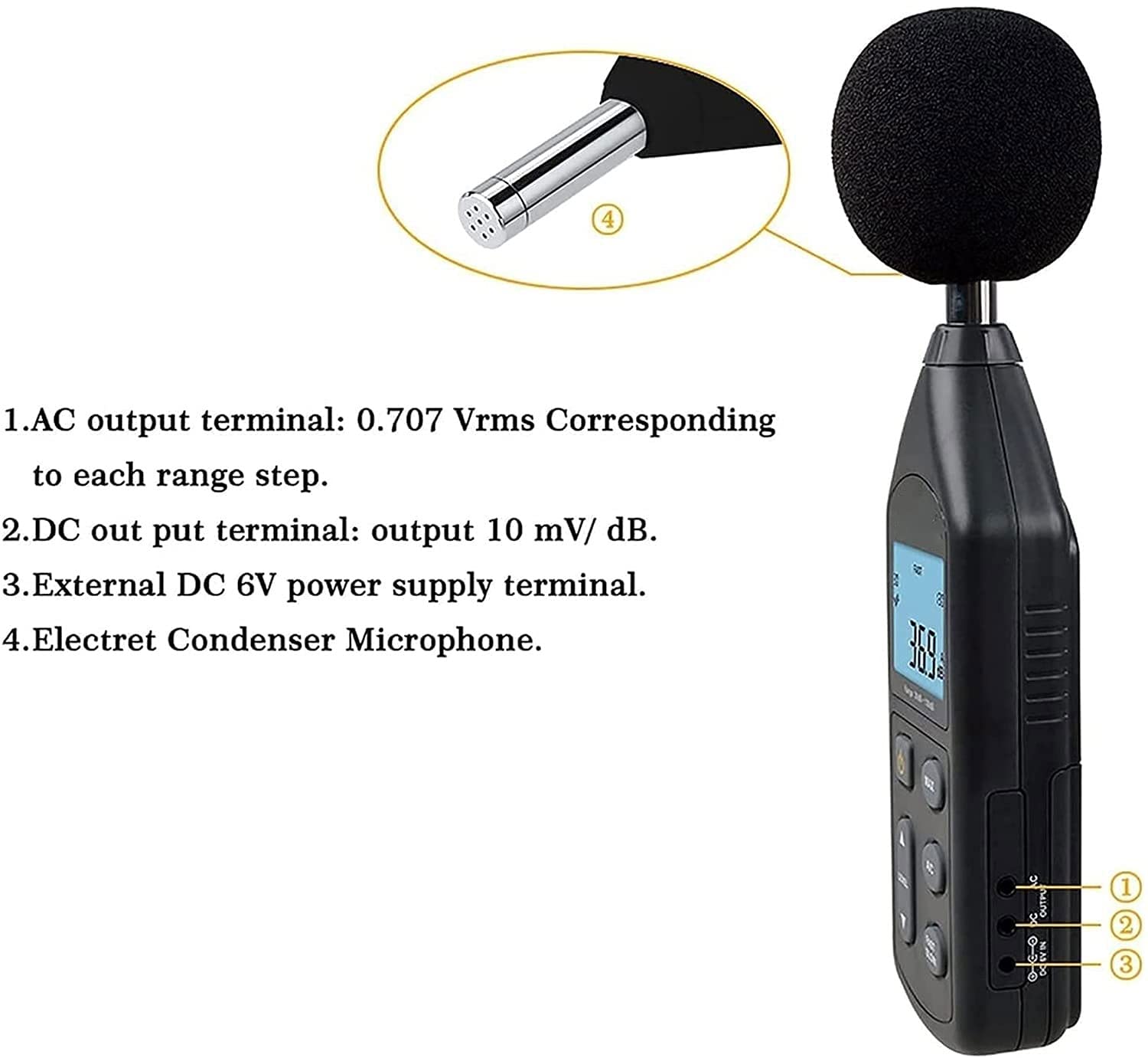 Medidor de decibelios, medidor nivel sonido digital 30 a 130 dB, dispositivo medición ruido audio con retroiluminación MÁX/MÍN y pantalla LCD