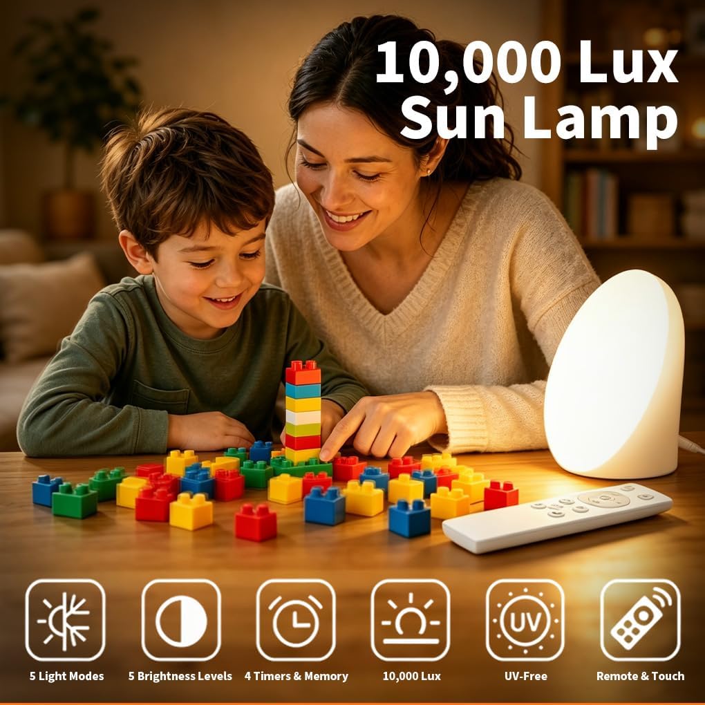 10000Lux Light Therapy Sun Lamp & Red Night Light,Sunlight Lamp with Remote