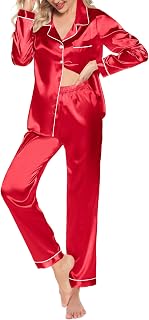 Samring Women's Silk Satin Pajamas Set Long Sleeve Button Down Sleepwear 2 Piece Pjs Lounge Set S-XXL