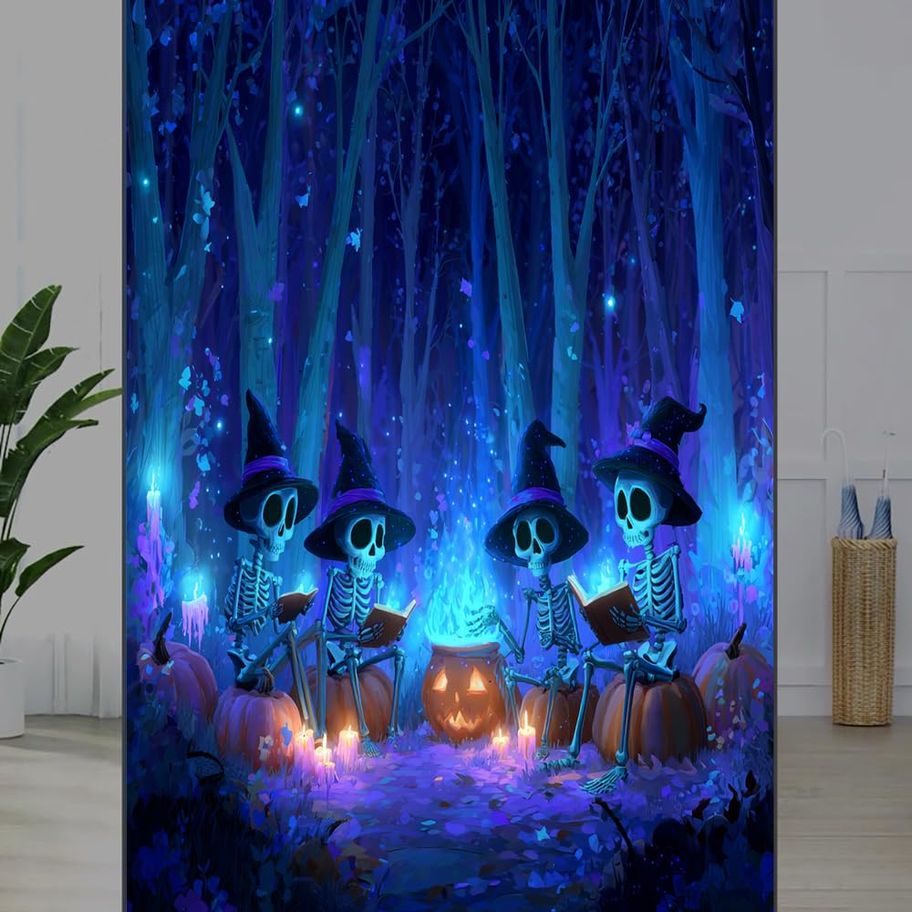 FOCCAFB Skeleton Witches Privacy Window Film, Fantasy Pumpkin Forest Landscape Frosted Self-Adhesive Vinyl Cling for Glass Doors Bathroom Windows Sun Blocking Heat Control, （55x120cm）