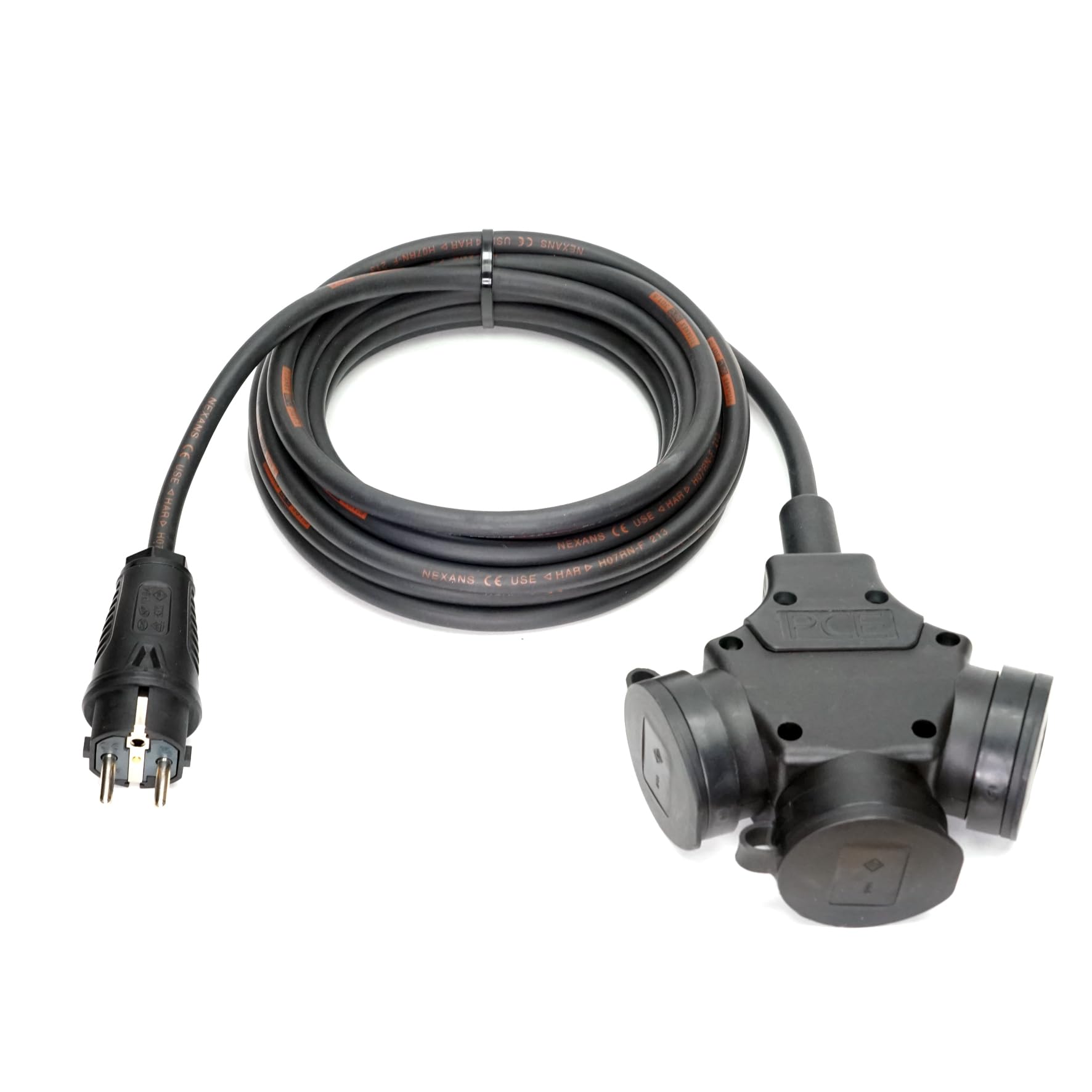 Schuko-Verteilung 3-Fach (1,5m-50m) 16A Verlängerungskabel Titanex H07RN-F 3x1,5mm² mit PCE Stecker und 3er-Kupplung IP44, Business-Line von Event-Kabel (15 Meter)