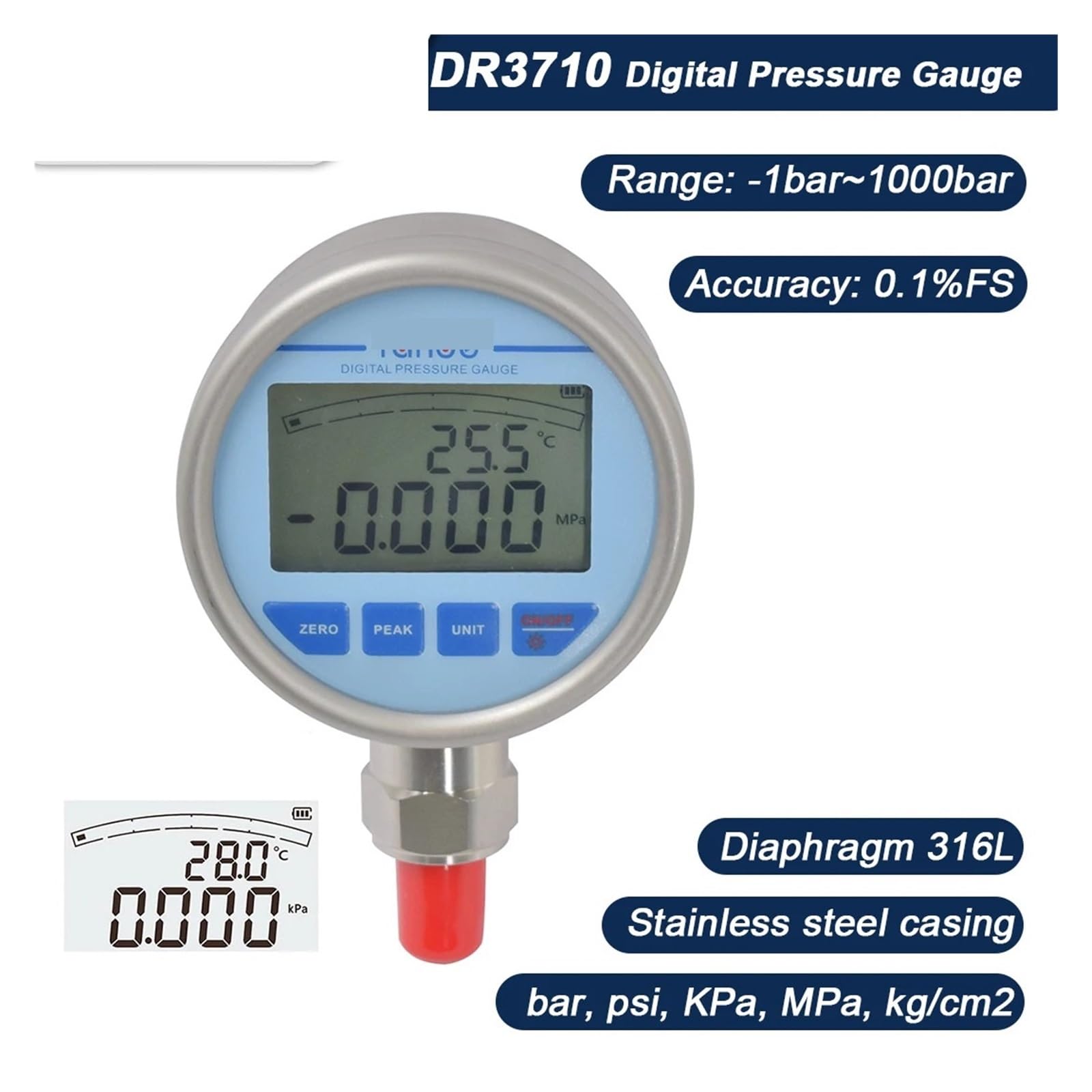 Präzisions-Digital-Manometer, NPT1/4 Edelstahl-Membran-Manometer mit Hintergrundbeleuchtung(-100KPa-0KPa)