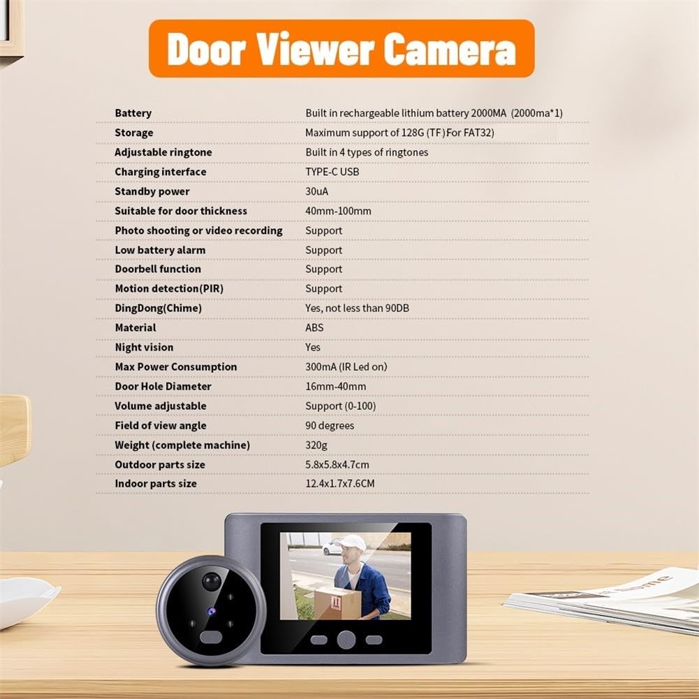 Smart - Telecamera wireless per campanello con schermo LCD HD, telecamera spioncino con rilevamento del movimento PIR, visualizzatore campanello alimentato a batteria per porta d'ingresso