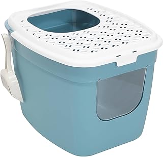 Cat Litter Tray with Front and Top Entry, 54 x 44 x 41 cm, Turquoise/White product image