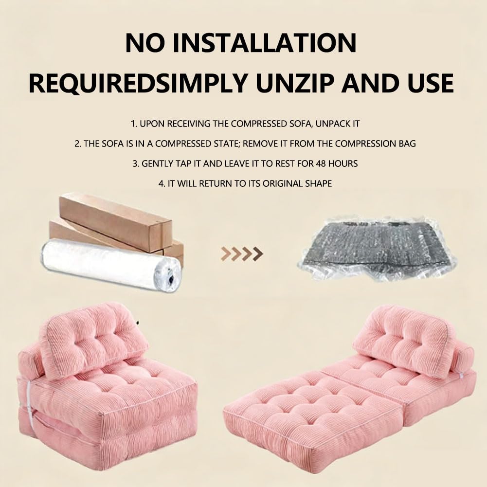 Schlafsofa, umwandelbare Einzelschlafcouch, rosa gepolsterte Matratze für Wohnzimmer, Design ohne Knochen, ideal für kleine Räume, bequem und stilvoll