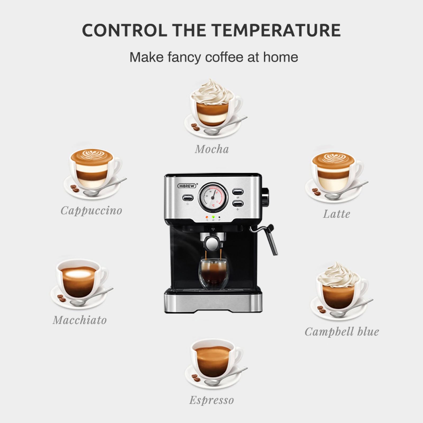 HiBREW H5A Cafetera Espresso Semiautomática 20 Bar Acero Inoxidable | Pantalla de temperatura, función de agua caliente y varilla de vapor ajustable para preparar cappuccino y latte