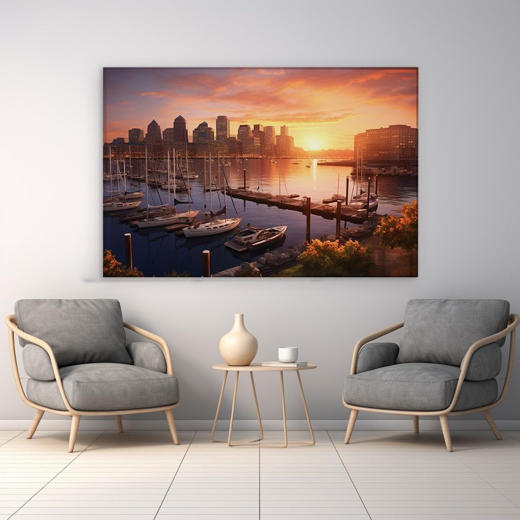 Canvas for Living room. Harbor Hues: When City Skylines Meet Sunset Serenity, 27 x 18 inch Canvas Wall Art - Ready to Hang