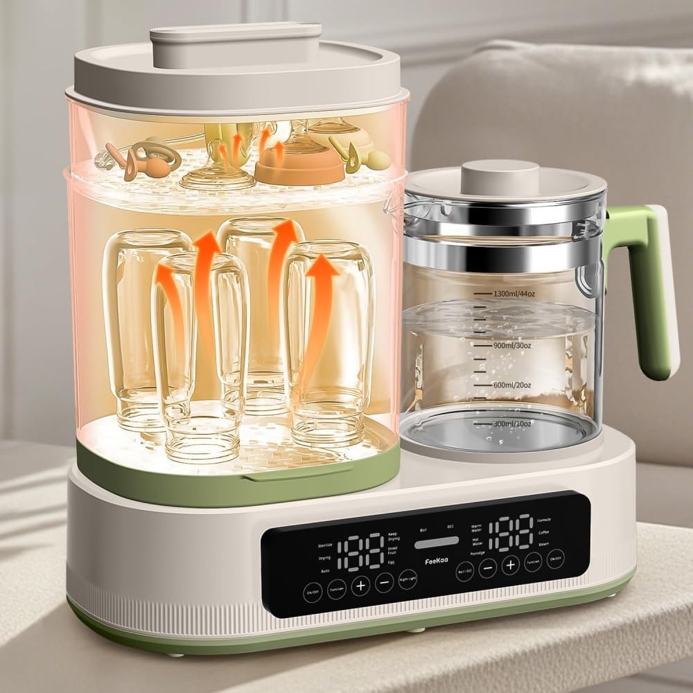 TVTKEミルク保温 多機能ボトルウォーマー 哺乳瓶消毒 授乳用品 1台8役 赤ちゃん用品 スチーム消毒 哺乳びん 滅菌 乾燥 調乳じょーず 離乳食 電気ケトル 温度制御 保管ケース 多機能 出産祝い (白緑)