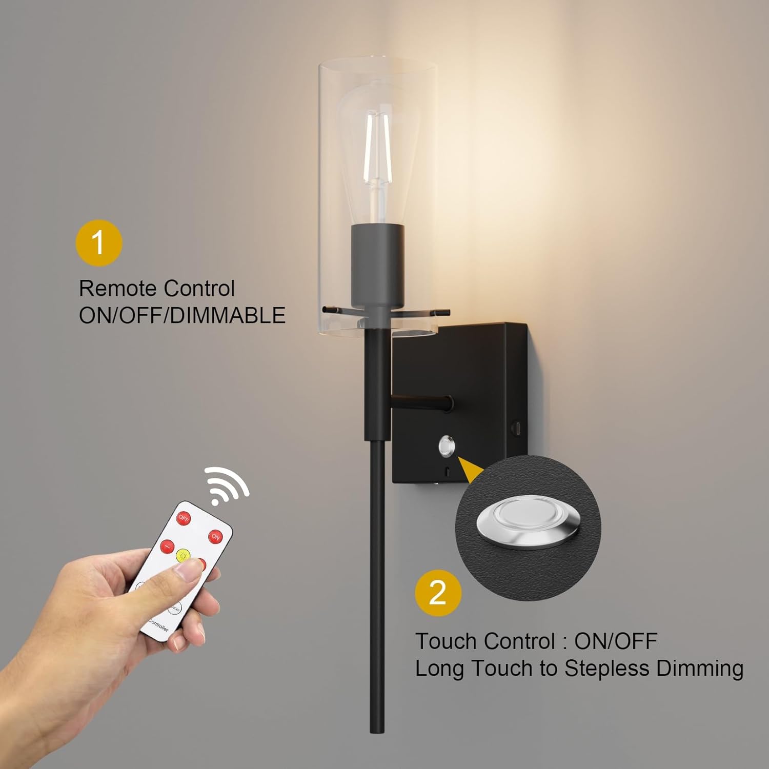 Tipace Battery Operated Wall Sconce Set of Two,No Wired Rechargeable Wall Lamp with Remote Control,Warm Light Cordless Wall Light Fixtures for Bathroom Hallway Kitchen,Black(Bulb Included)