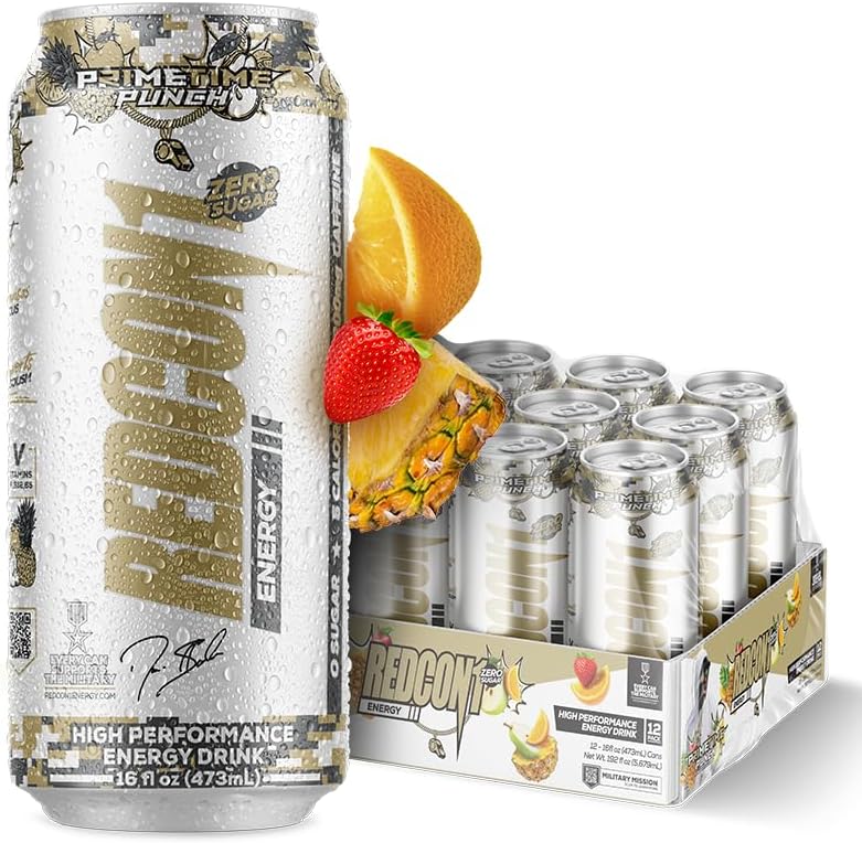 REDCON1 Energy Drink - 200mg Caffeine Drink with L-Carnitine & Taurine - High Performance Energy Drinks with Nootropics - Prime Time Punch (12 Count)