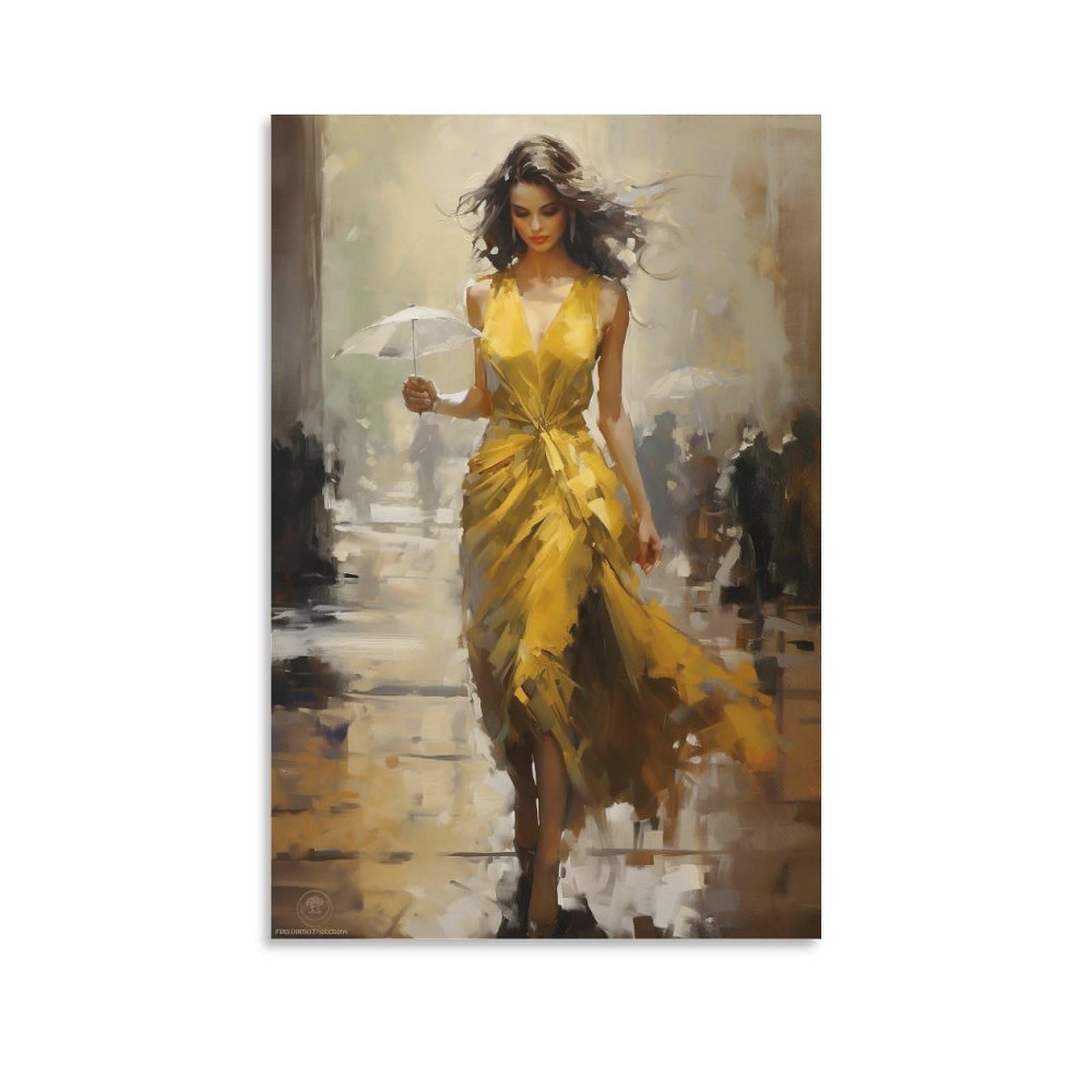 AYAROS Little White Umbrella Canvas Wall Art for Bedroom Retro Watercolor Beautiful Yellow Skirt Woman Wall Decor Poster for Room Aesthetic Unframed 16x24 inch
