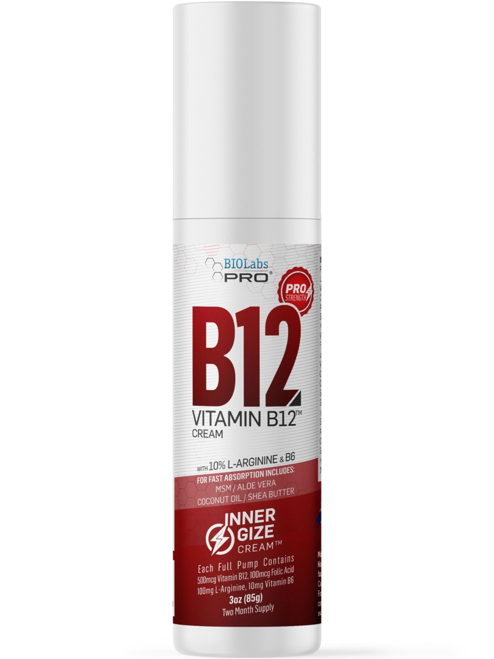 INNERGIZE B12 Cream, All Natural Topical B12 w/B6 & 10% L-Arginine