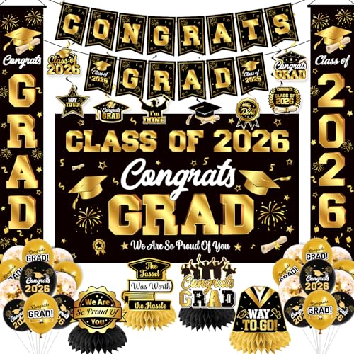 Graduation Decorations 2026 Black & Gold Party Set with Coupon