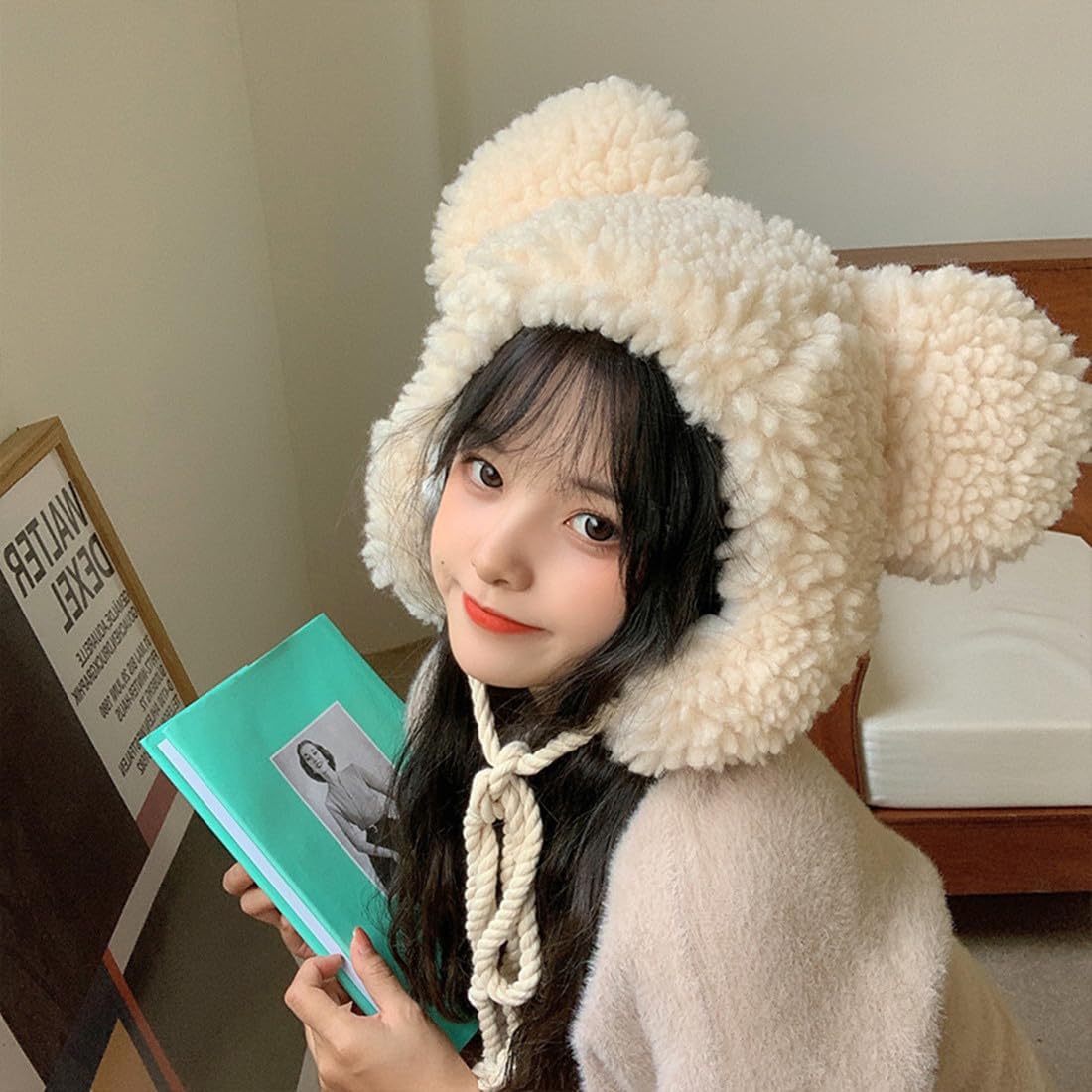 Cute Plush Bear Ear Hat Women Girls Faux Fur Winter Trapper Hat Trooper Soft Warm Animal Hat with Earflaps Windproof Ski Hat Beige