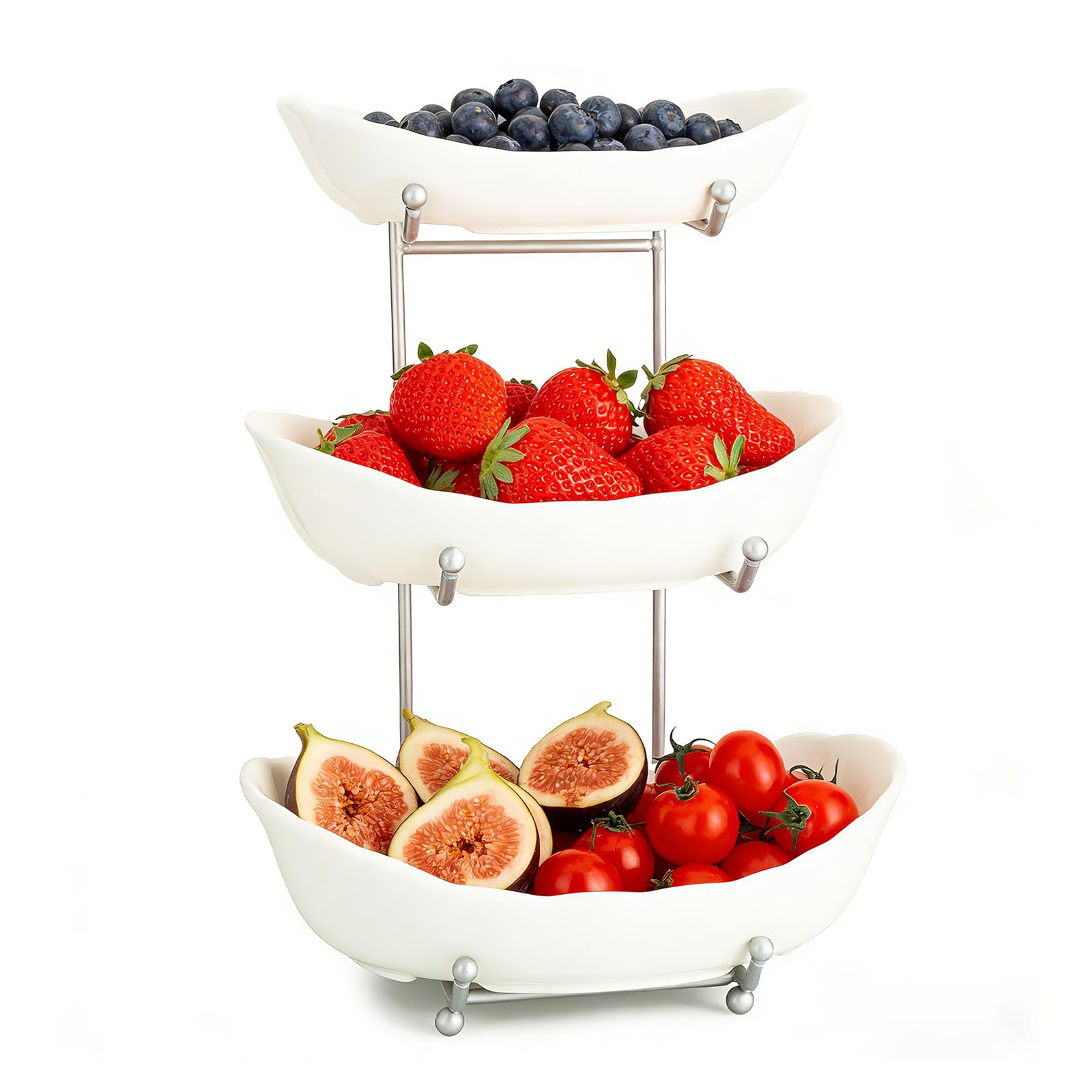 YYW Fruit Bowl for Kitchen Counter, 3 Tier Ceramic Serving Bowls with Metal Stand, Tiered Fruit Basket for Fruit Vegetable Storage, Snack, Bread Candy, Nuts, Cake, Dessert (White)