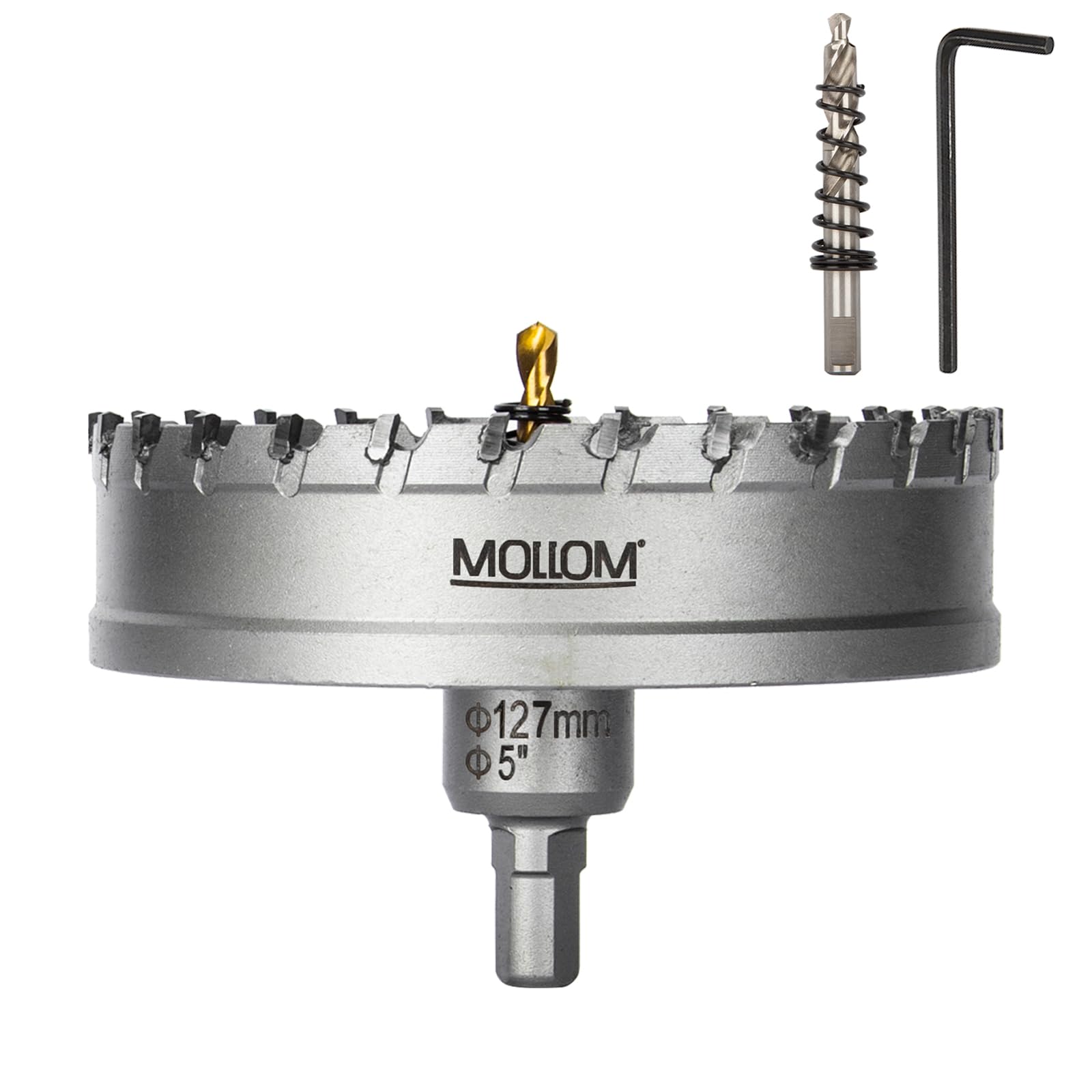 (127mm | 5'') Heavy Duty Carbide Hole Saw with 2 Pilot Drill Bits, Hole Cutter cuts Stainless Steel, mild Steel, Iron, Copper, Brass, Plastic