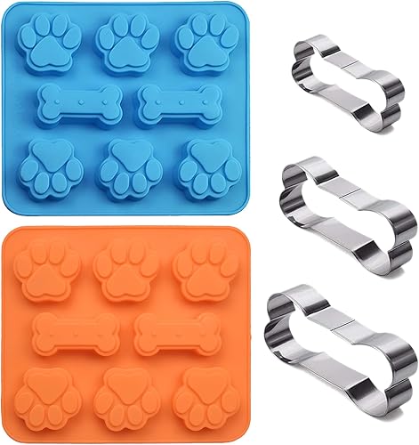 Juego de 5, 2 moldes de silicona con forma de pata y hueso de cachorro y perro, 2 en 1 y 3 paquetes de cortador de galletas de hueso de acero