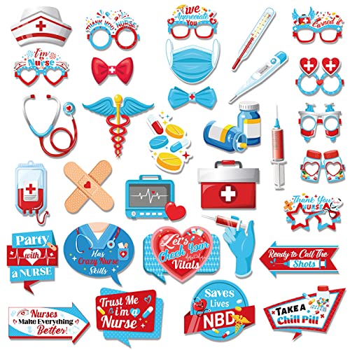 Qpout 32Pcs Nurse Appreciation Week Party Photo Booth Props Novelty Thank You Nurses Selfie Props 2023 Medical Party Decorations Nursing Party Decor Nurse School Graduation Party Supplies #TOP12