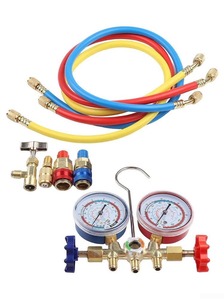 R134A Kit de manómetro de aire acondicionado de coche, manómetro con válvula doble, juego de herramientas de llenado de recarga de CA (A)