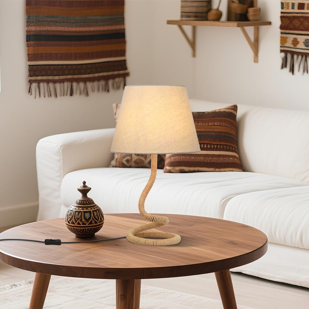 Lampa stołowa z liny konopnej, kreatywna, spersonalizowana lampka nocna, lampa na biurko z kloszem z materiału, nowoczesna dekoracja boho, przełącznik z przewodem, żelazna podstawa, głowica E27