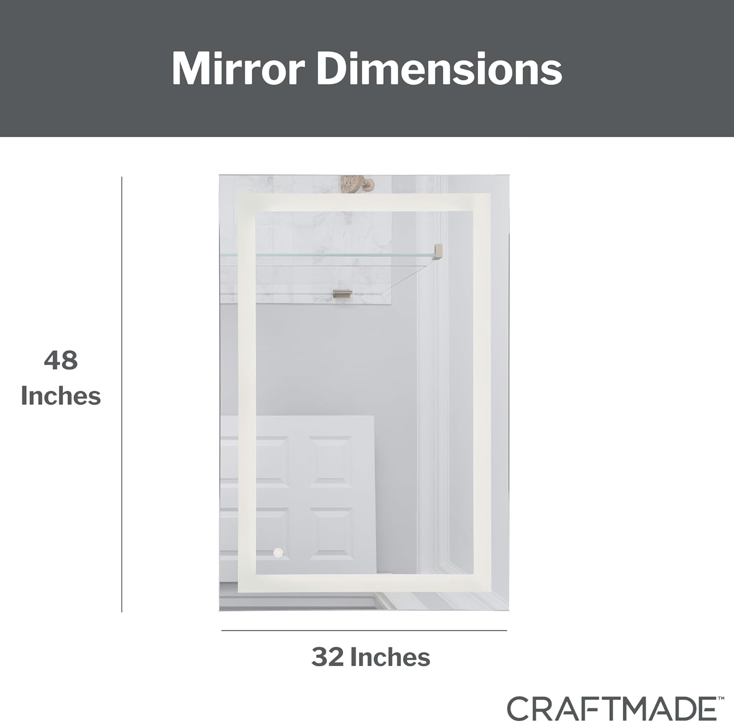 Craftmade MIR115-W | 48" x 32" LED Lighted Bathroom Mirror | Touch-Button Dimming | 3000 K Warm Light | Frameless Design | Horizontal or Vertical Install | Modern Vanity Mirror