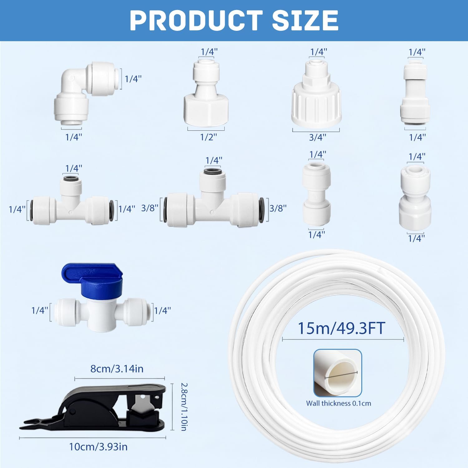 Refrigerator Water Line Kit, 1/4" OD 49.3 FT Water Supply Tubing with 14 PCS Quick Connect Fittings and Tubing Cutter, for RO System Water Filter, Ice Maker Water Line for Fridge