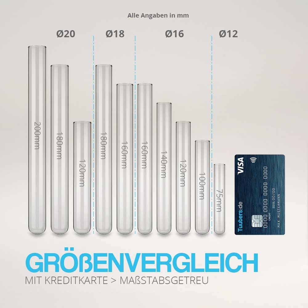 Tuuters 100 Stück Reagenzgläser aus Glas, Reagenzgläschen (200 x Ø20mm) | Rundboden Reagenzglas, glatter Rand, transparente Eprovetten, Made in Germany, als schmale Vase für Blumen und Pflanzen