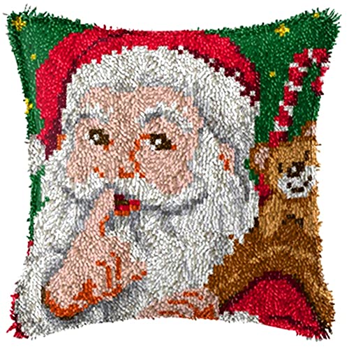 YOJOLO Kit De Broderie Crochet Adultes Enfants Bricolage Père Noël Motif Pré-Imprimé Coussin Taie d'oreiller Fournitures pour Point Noué Toile Latch Hook Kit,43 * 43cm/16.9 * 16.9 in Cover
