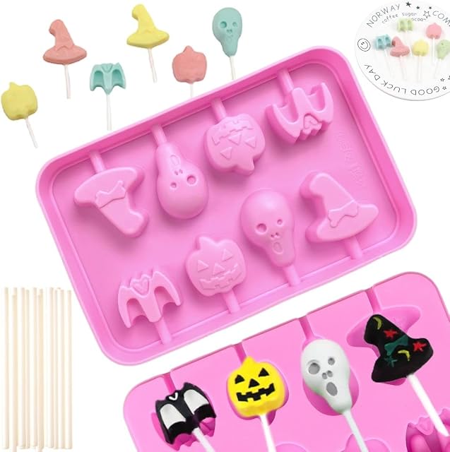 Crethink 1 Piece Halloween Silicone Chocolate Lolly Mould - 8 Cavity Pumpkin,Skull,Bat and Witch's Hat Shapes Lollipop Molds for DIY Chocolate,Candy,Jelly with 20PCS Sticks
