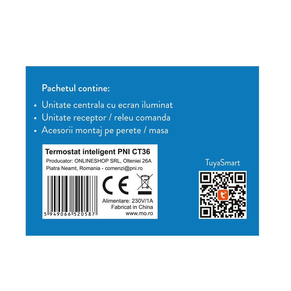 Termostato intelligente PNI CT36 wireless, con WiFi, controllo Internet, per centrali termiche, APP TuyaSmart