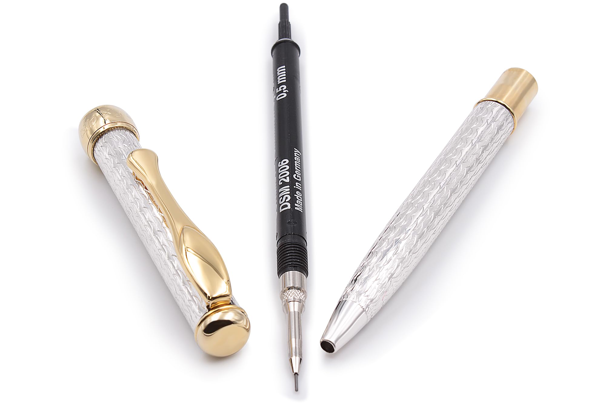 Grifos Matita meccanica in argento sterling con particolari placcati oro 18 kt, fatta in Italia, meccanismo a rotazione, ricaricabile