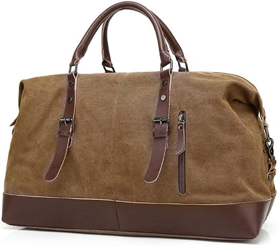 autumndeer Oversized Canvas Holdall Travel Carry On Duffel Bags Plus Handbag Shoulder Bag Crossbody Overnight Weekend Bag Unisex Travel Holdall Handbag with PU Leather Handle (Coffee)