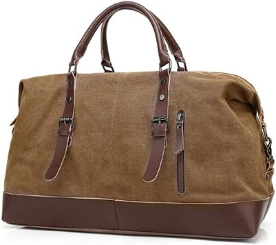 autumndeer Oversized Canvas Holdall Travel Carry On Duffel Bags Plus Handbag Shoulder Bag Crossbody Overnight Weekend Bag Unisex Travel Holdall Handbag with PU Leather Handle (Coffee)