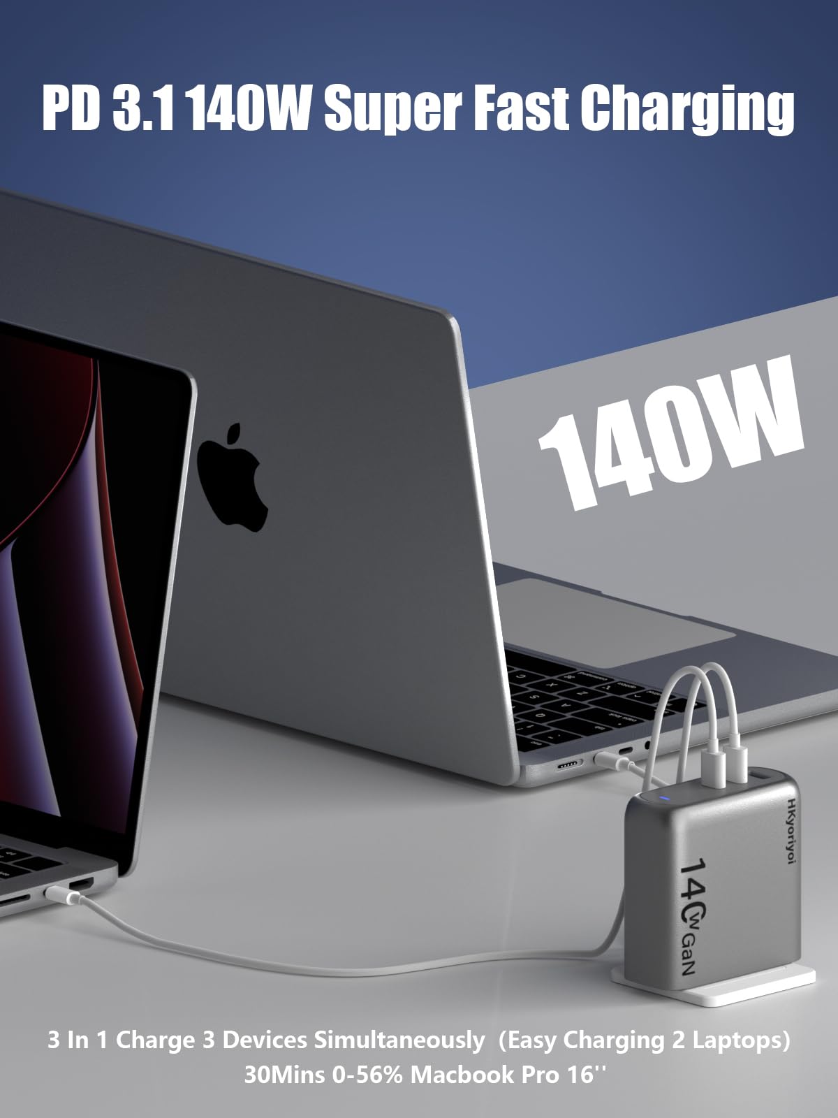140W GaN+ USB C Charger 100W Laptop Fast Charger PD3.1 PPS 3-Port USB C Wall Charger Power Adapter for MacBook Pro 16'', Dell XPS, iPhone 16/15 Pro Max, iPad Pro, Tablet, Chromebook (Gray)