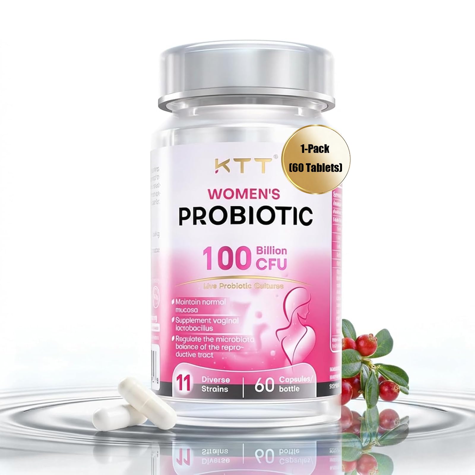 KTT Probiotics for Women Vaginal Probiotics, 100 Billion CFU, 11 Strains, 60 Capsules, Delayed Release, Shelf Stable, Non-GMO, Gluten Free, Daily Care & Intimate Balance, After Antibiotics Support