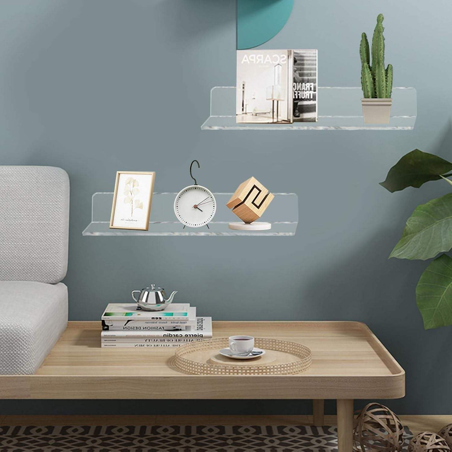 STUDIO whitenest L-Shaped Acrylic Floating Shelf 3 PCS | Clear Wall Mounted Shelves Invisible | 5mm Thick Shelf for Wall Storage | Shelves for Makeup/Photo/Book | Living Room & Office (12 Inch) 1