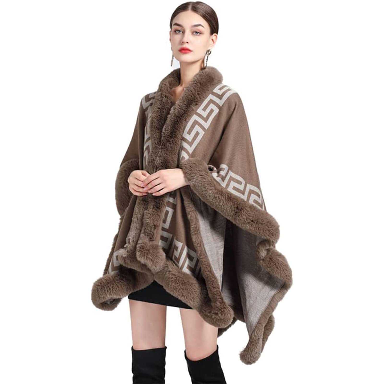 Autunno Inverno Donne Fine Knit Sciarpa Collare Capo Cardigan con Faux Fur Trim Layers Poncho, Faux Rabbit Fur Capo Wrap Scialle Cappotto di Lana
