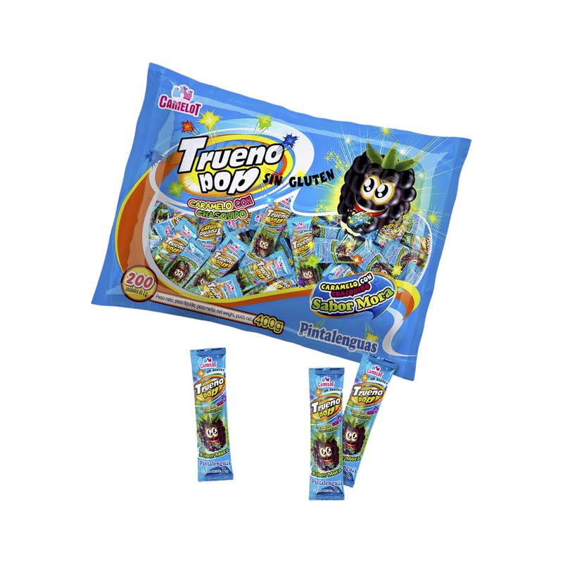 Trueno Pop sabor Mora – Caramelos Pintalenguas con Chasquido – Bolsa de 200 unidades de caramelos con efecto pintalenguas y chasquido, sabor mora, perfectos para fiestas