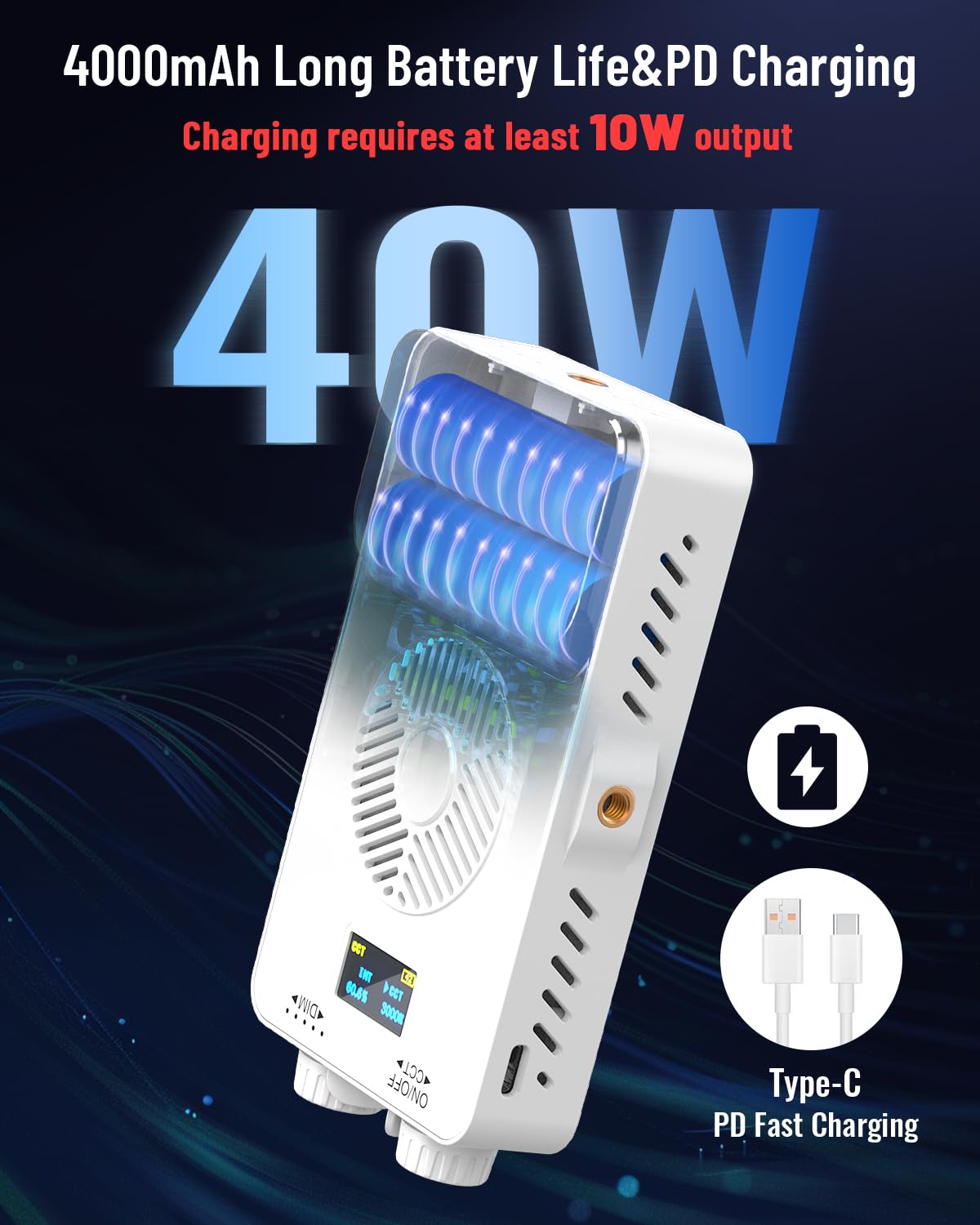 Amazon | 40W ポータブルLEDビデオライト、4000mAhカメラライト、3000