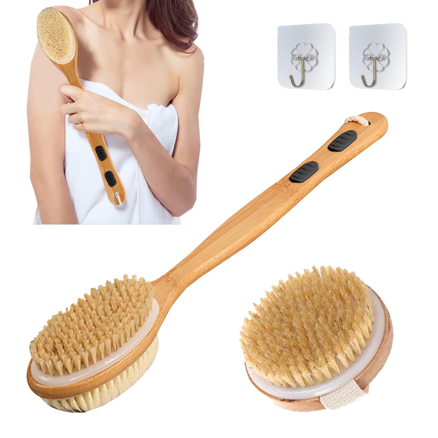 YUNYU Wet & Dry Brushing Body Brush Set, 2pcs Long Handle Back Scrubber & Round Head Dry Brush, Double-Sided for Exfoliation, Dead Skin Removal, Blood Circulation, for Men & Women